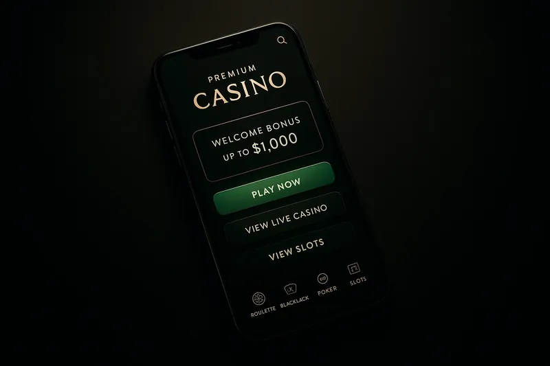 Modern smartphone showing dark premium casino app UI with green buttons