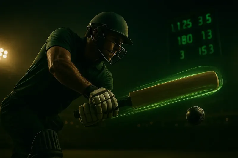 Cricket athlete sprinting with neon speed trail under stadium floodlights