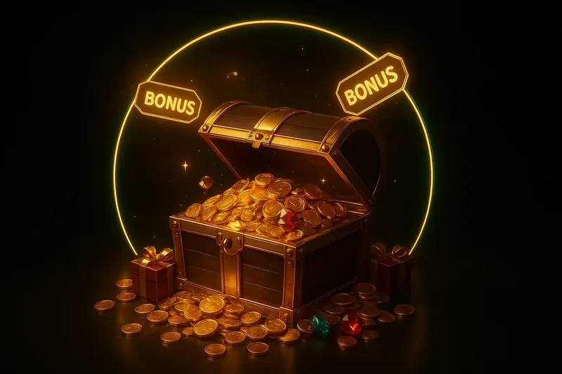 Golden treasure chest bursting with coins, gems, and bonus gifts