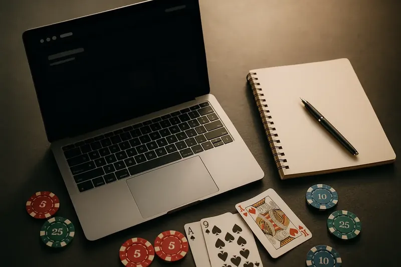 Flat lay laptop with casino chips, cards, and notepad on slate