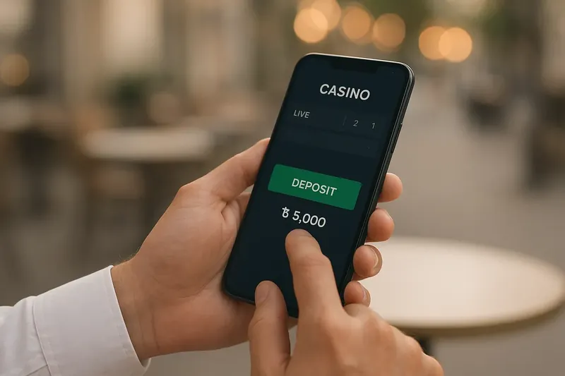 Man typing on smartphone with dark casino app and BDT deposit confirmation