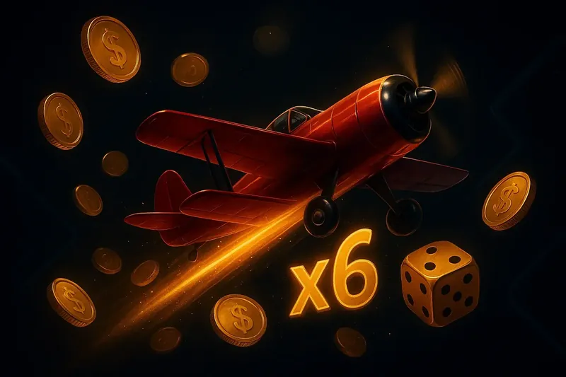Red airplane soaring with glowing multiplier trail, coins and dice floating