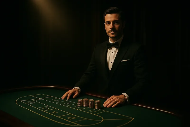 Professional dealer behind green felt table with golden chips under spotlight
