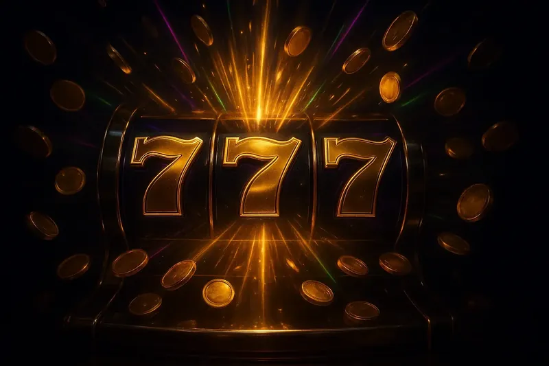Slot machine jackpot with golden 777 symbols, coins, and neon light beams